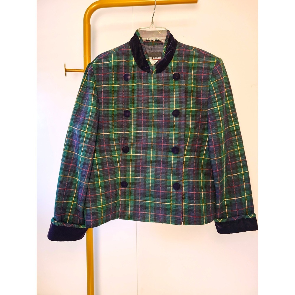 Academia Preppy Vintage Green Plaid Double-Breasted Blazer Navy Trim Size 14